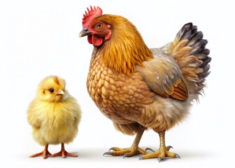 Fototapeta premium Hen and Chick: Realistic Farm Animal Stock Photo - Isolated on White Background