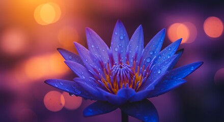 Close-up of Beautiful Lotus Flower with Water Droplets and Bokeh Lights