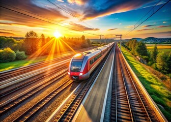 Naklejka premium High-speed Electric Train on Railway Tracks - Close-up Drone Shot