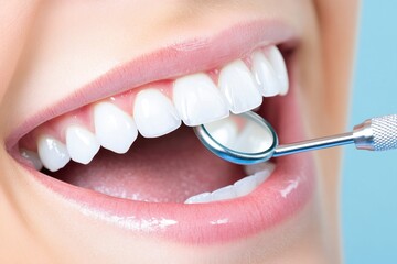 Close-up of perfect white teeth with dental mirror, reflecting healthy smile during checkup.