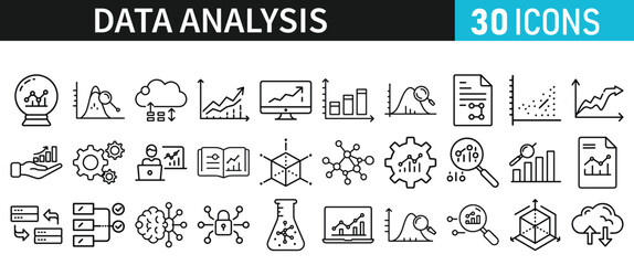 Data analysis set of icons for web. Data analytics icons in liner style. Bar Graphs, information, analysis, processing, research network collection, statistics, analytics, collection
