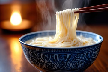 Steaming noodles lifted with chopsticks, warm evening setting, Asian bowl, cozy dinner