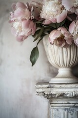 Dreamy tender peonies in a marble vase. Set against a minimalistic background to highlight the ornate details and timeless elegance.
