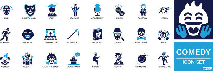 Comedy icon set . Laugh, Comedy Mask, Joke, Funny Face, Stand-up, Microphone, Clown, You can easily change the color.