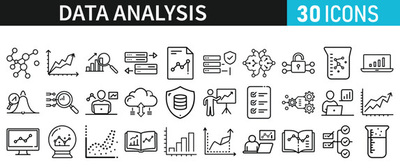 Data analysis set of icons for web. Data analytics icons in liner style. Bar Graphs, information, analysis, processing, research network collection, statistics, analytics, collection