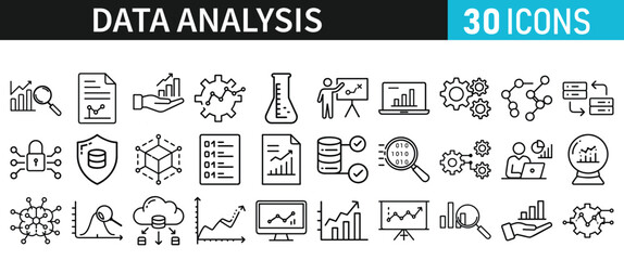 Data analysis set of icons for web. Data analytics icons in liner style. Bar Graphs, information, analysis, processing, research network collection, statistics, analytics, collection