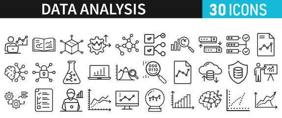 Data analysis set of icons for web. Data analytics icons in liner style. Bar Graphs, information, analysis, processing, research network collection, statistics, analytics, collection
