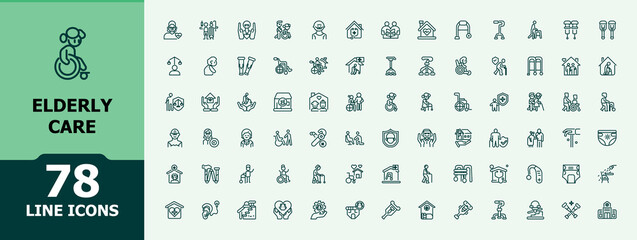 Elderly Care simple icon. Contains linear outline icons like generation, retirement, medical, old, age, living, stick, home. Minimal icons. Editable stroke.
