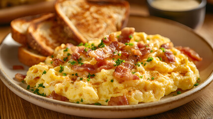Delicious Scrambled Eggs with Crispy Bacon and Toasted Bread