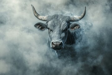 Majestic bull in mystical fog, front view. Artificial Intelligence