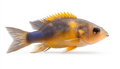 Fototapeta premium Vibrant Freshwater Fish with Striking Yellow and Blue Fins Swimming Gracefully Against White Background