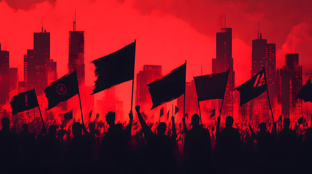 A sea of red silhouettes protesting in a city at night under a blood red sky
