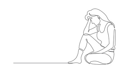Sad Woman is Sitting Continuous One Line Drawing. Concept of Problems, Depression and Troubles in Simple Linear Style. Female Sad in Editable Stroke. Doodle Contour Vector Illustration