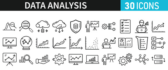 Data analysis set of icons for web. Data analytics icons in liner style. Bar Graphs, information, analysis, processing, research network collection, statistics, analytics, collection