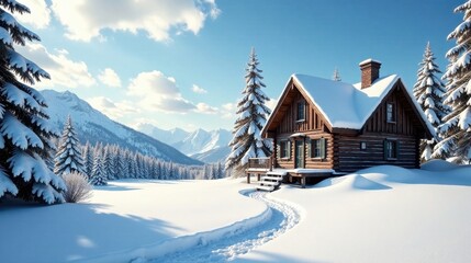 Fototapeta premium Secluded Wooden Cabin Nestled in a Snowy Mountain Landscape with a Winding Footpath Leading to its Entrance on a Bright Sunny Day