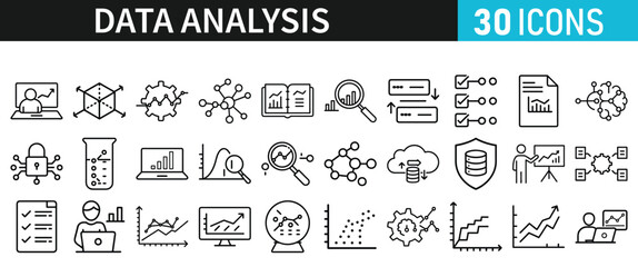 Data analysis set of icons for web. Data analytics icons in liner style. Bar Graphs, information, analysis, processing, research network collection, statistics, analytics, collection