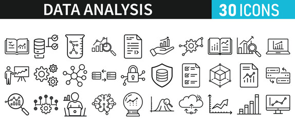 Data analysis set of icons for web. Data analytics icons in liner style. Bar Graphs, information, analysis, processing, research network collection, statistics, analytics, collection