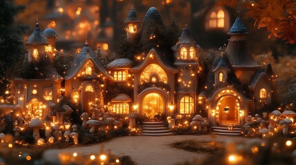 Obraz premium Enchanting Illuminated Fairy Village Cozy Cottage Night