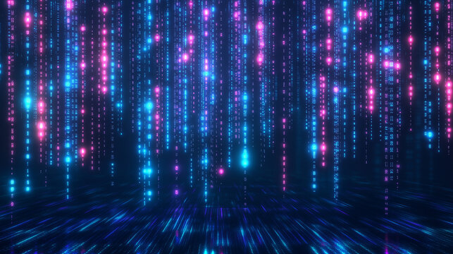 Abstract futuristic background featuring glowing neon binary code and holographic digital data flowing down on a dark blue background, creating a cyber technology concept. This matrix rain effect with
