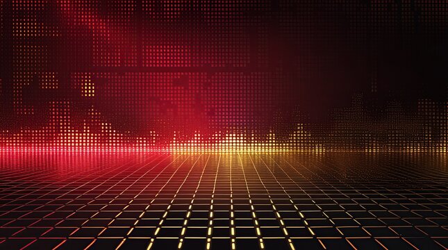 A dark red and gold noise effect background with neon light shadows blends into the base background featuring a pixelated backdrop