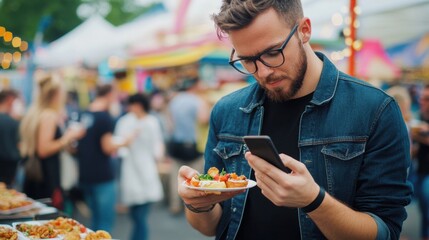 Social media rumors affecting a man at a food festival. Featuring distraction and concern
