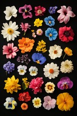 Diverse floral arrangement on black background featuring vibrant blossoms