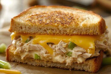 Close-up cross section view of a delicious tuna melt sandwich
