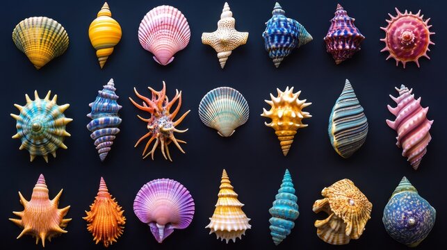 Colorful seashell collection on dark background showcasing marine diversity