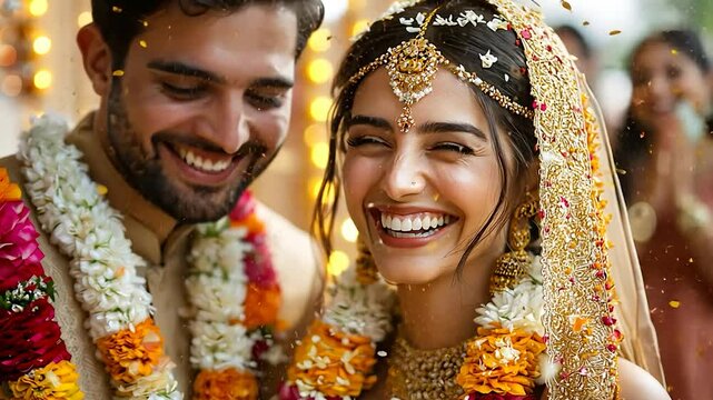 Indian wedding couple laughs, confetti falling, celebration in progress