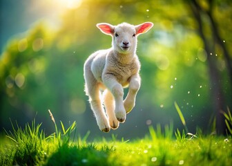 Joyful Lamb Leap: Adorable Spring Pasture Scene with Bokeh