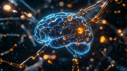 Tech-Infused Brain: Blue Glow with Orange Rays
