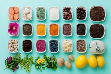 A vibrant assortment of colorful food ingredients arranged on a turquoise background