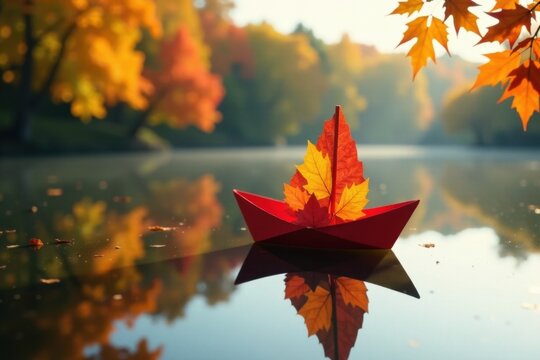 A crimson paper boat adorned with autumn leaves serenely floats on a tranquil pond, mirroring the vibrant hues of the surrounding fall foliage.