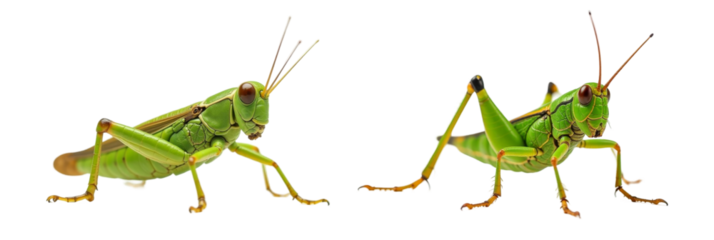 Two green grasshoppers resting on a white surface, displaying intricate details of their bodies and legs on a white background or PNG