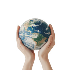 Hands support a globe, symbolizing unity and care for the planet, encouraging environmental awareness on a white background or PNG