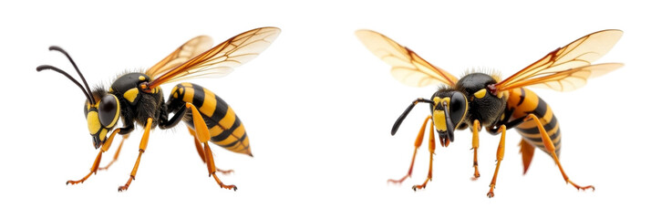 Close-up of yellow and black wasps showcasing their patterns and structures in natural habitat on a white background or PNG