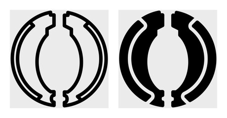 Minimalist black-and-white icon of drum brake shoes, essential for motorcycle braking systems. Designed in a simple, clean style, making it ideal for automotive-related graphics, repair shop branding.