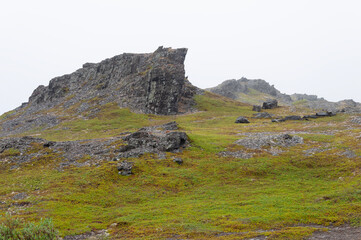 Tundra summer landscape, foggy morning. Cliffs on the mountainside. Rybachy peninsula, Murmansk region, Russia