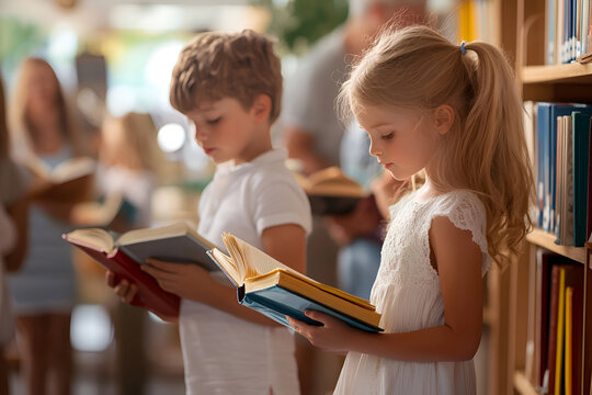 Caucasian children reading books in library setting