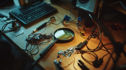 Damaged cables on a wooden desk with a magnifying glass and repair tools. Featuring detailed examination and fixing