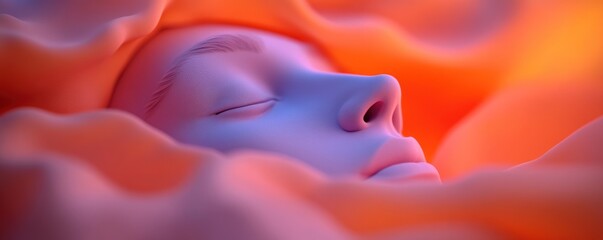 Serene face asleep, orange fabric, warm light, peaceful background, beauty ad