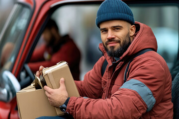 Delivery service worker holding package inside taxi for urban transport and logistics