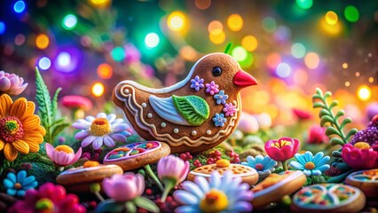 Fototapeta premium Long Exposure: Delicate Flowers & Gingerbread Bird