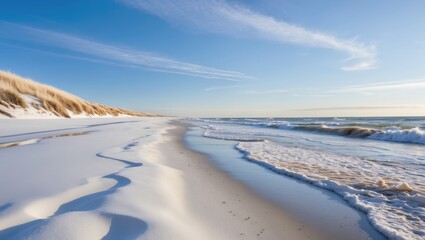 Winter Beach Landscape with Soft White Sand and Gentle Waves Under a Bright Blue Sky