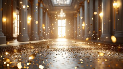 Golden Confetti Falls In Elegant Hallway