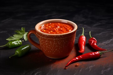 Hot chili sauce in a ceramic cup with chili peppers on a black background