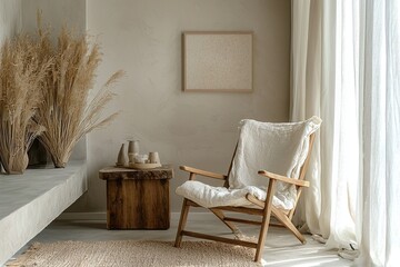 Modern Scandinavian interior design of a residential living room with armchairs and interior accessories in view. Generative AI
