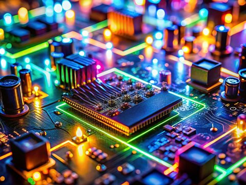 Long Exposure Photography of LED Circuit Board with Microcontroller and Diodes
