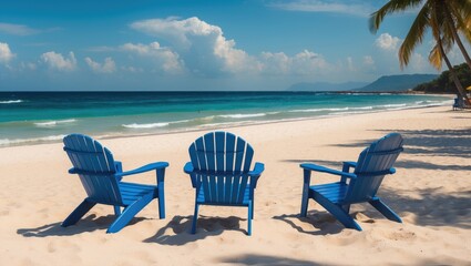 Relaxing Blue Chairs on a Tranquil Sandy Beach Overlooking the Sea Perfect for Summer Vacation and Tropical Getaway Enjoyment