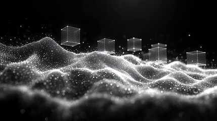 Abstract digital landscape with floating cubes